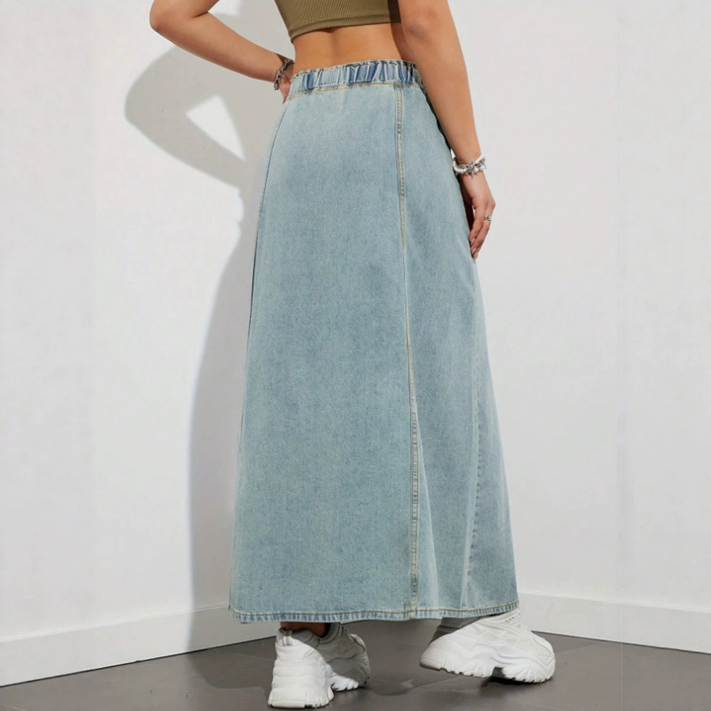 High-Waist Drawstring Denim Maxi Skirt