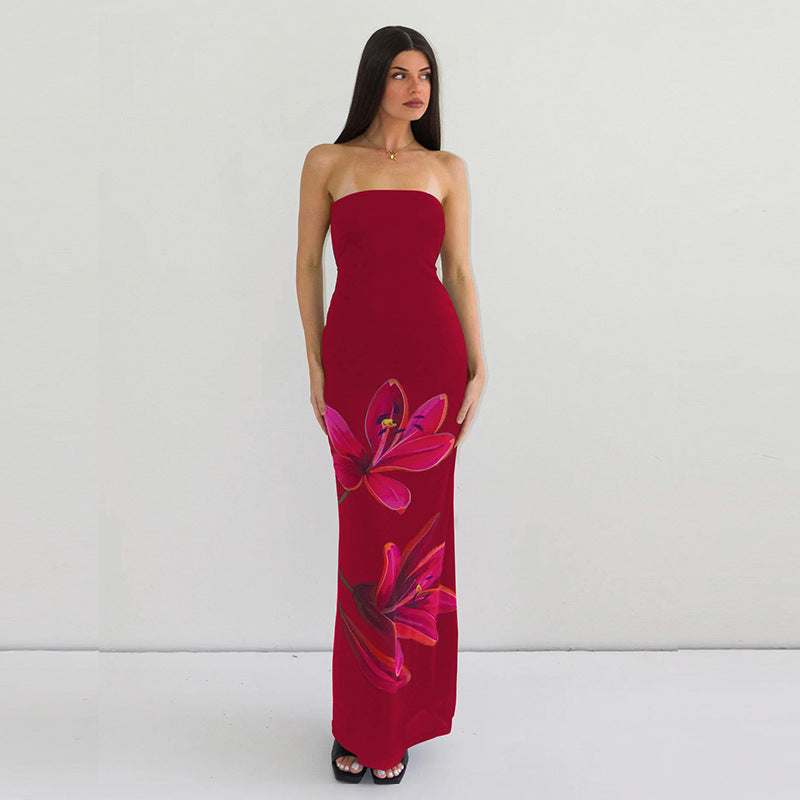 Summer Personalized Printed Off-Neck Strapless Backless Tied Dress