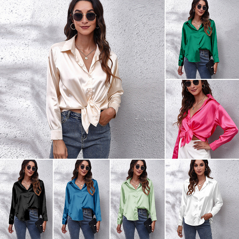 Women's Satin Button-Front Shirt – Long-Sleeve Blouse