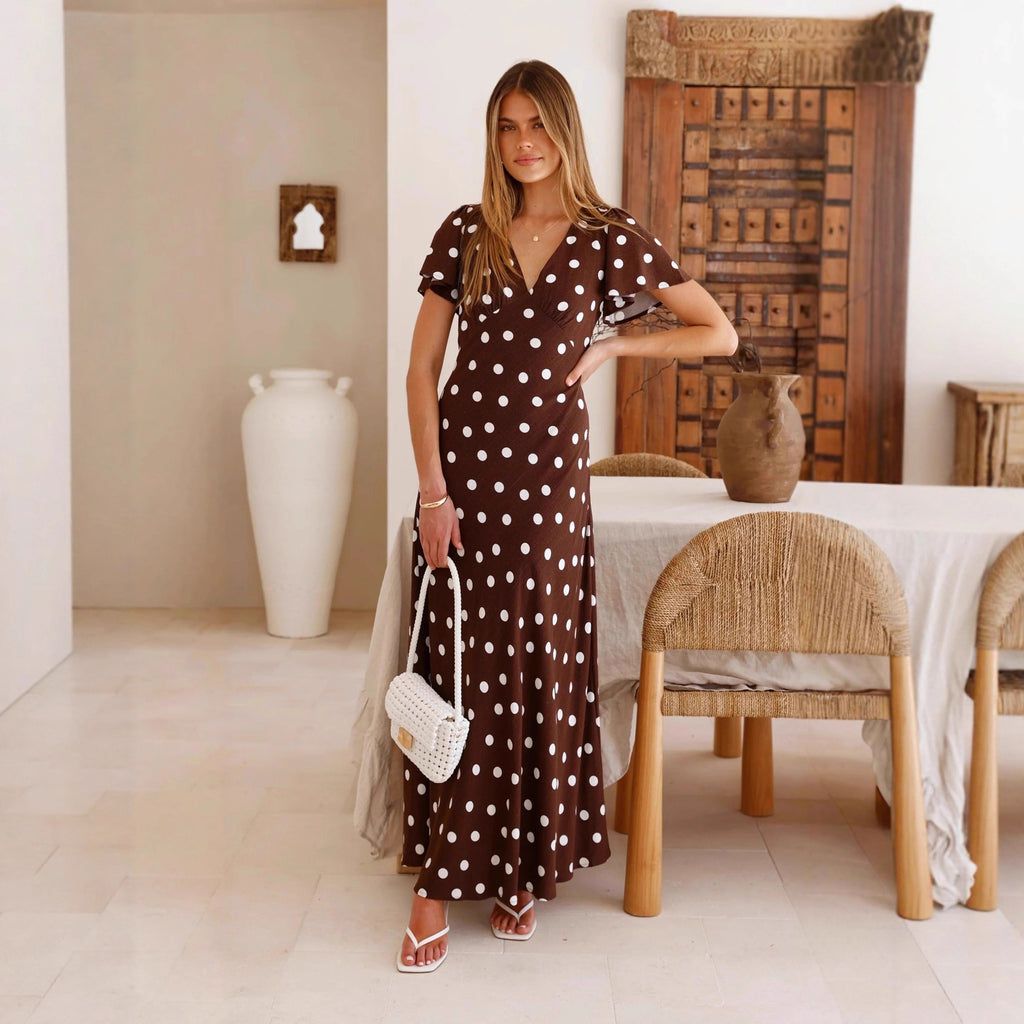 Women's Polka Dot Printed Bell Sleeve Maxi Dress