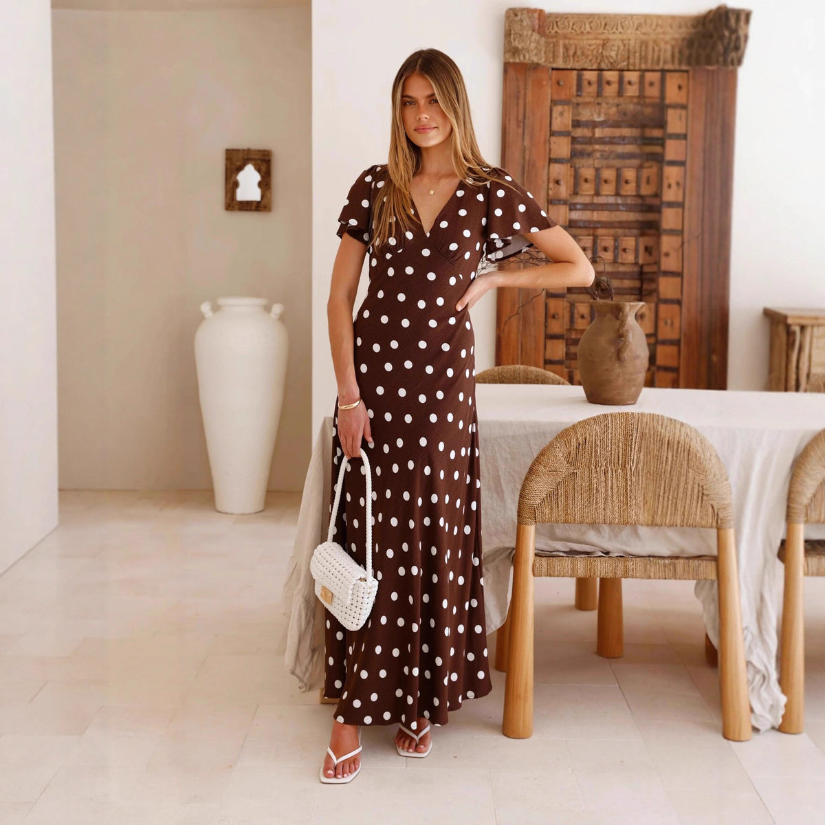 Women's Polka Dot Printed Bell Sleeve Maxi Dress