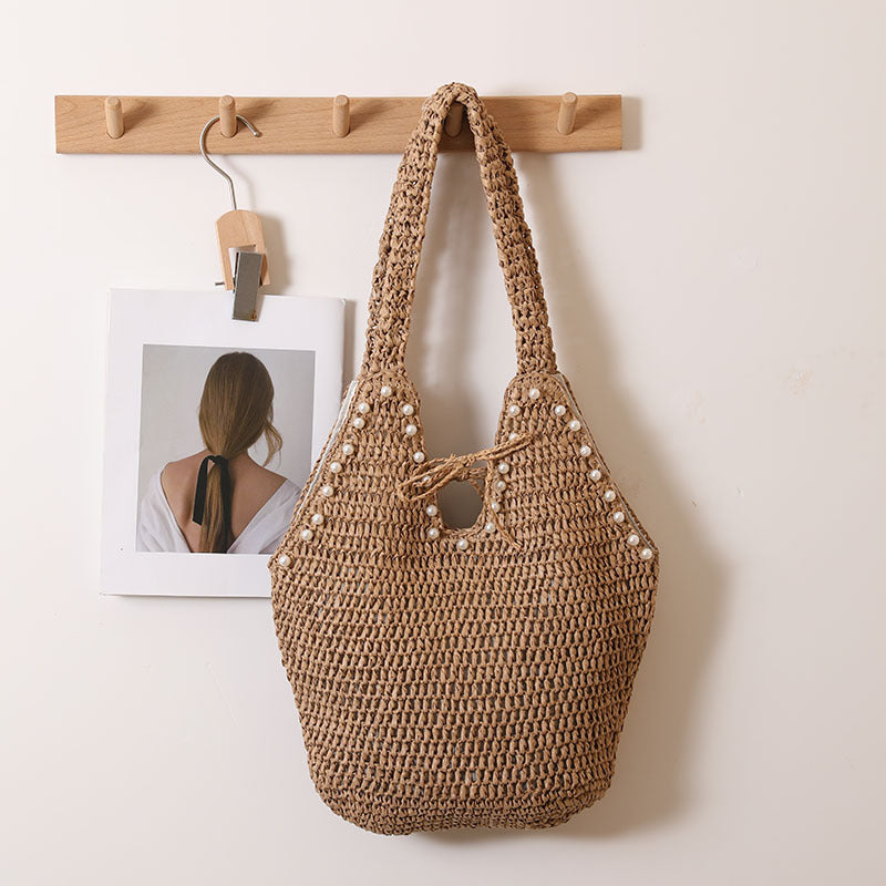 Women's Pearl-Detail Straw Beach Bag
