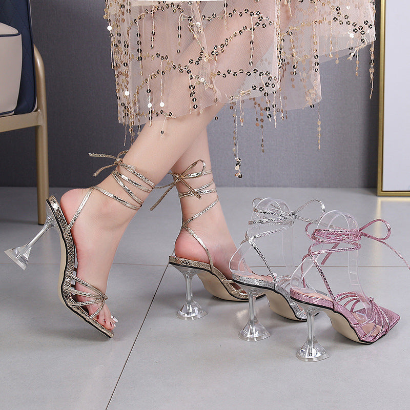 Women's 's Wine Cup Heel Strap Sandals Thin Cross