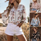 Women's Southeast Asia Summer Loose V Neck Office Bell Sleeve Lace Blouse Women Shirt