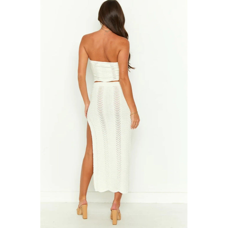 Women's Spring Knitted Wrapped Chest Top and Skirt Two-Piece Set