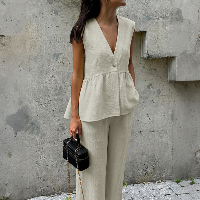Sweet Office Linen like V neck Sleeveless Vest Trousers Set