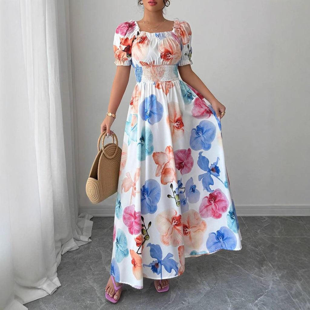 Floral Square-Neck Puff-Sleeve A-Line Maxi Dress