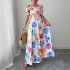 Floral Square-Neck Puff-Sleeve A-Line Maxi Dress