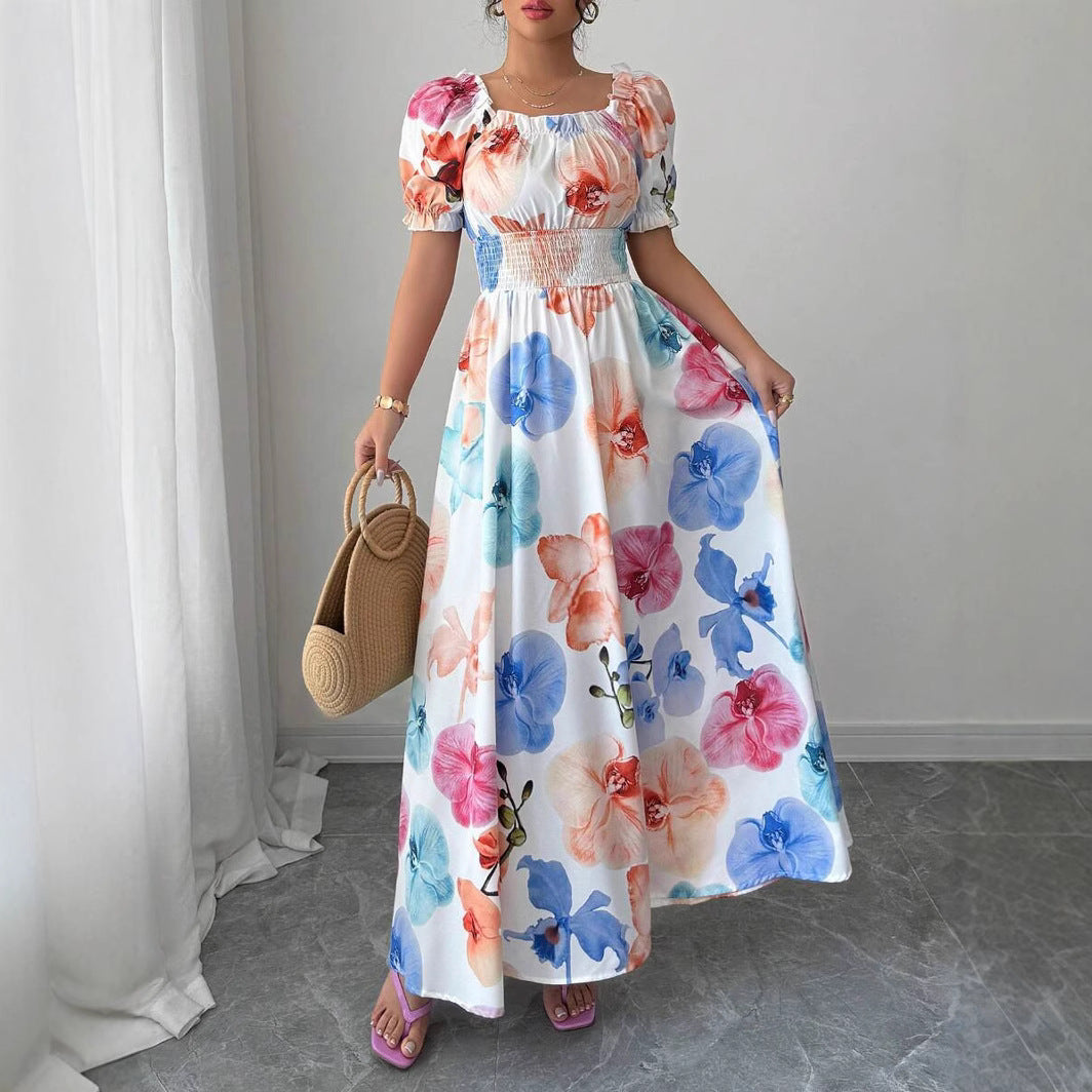 Floral Square-Neck Puff-Sleeve A-Line Maxi Dress
