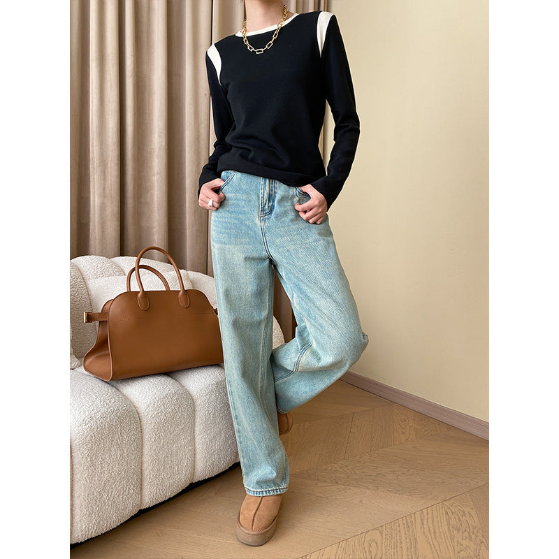 Women's Sinan French High-Grade Shoulder Contrast Color Slightly Brushed Comfortable Thin Velvet Round Neck Bottoming Shirt