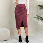 Autumn Winter Women Heap Pleated Suede Skirt Split HW