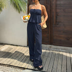 Women Lazy Vacation Solid Color Tube Top Vest Wide Leg Pants Set