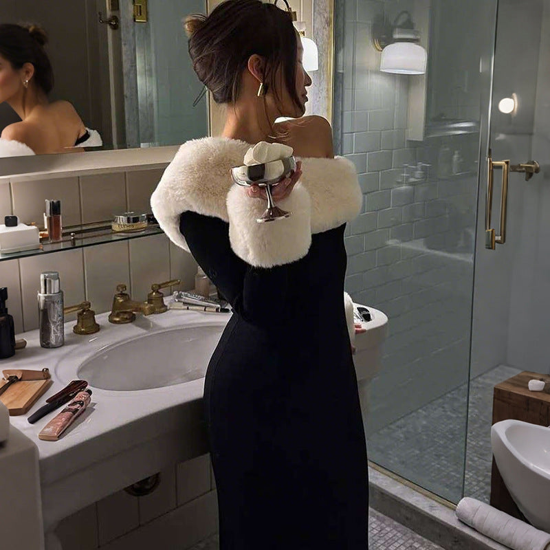 Women's Sexy Fur Collar Stitching Slim Fit Oblique Shoulder Color Matching Long Sleeve Elegant Dress