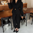 Casual Retro Long-Sleeve One Button Black Top Work Pant Two-Piece Set