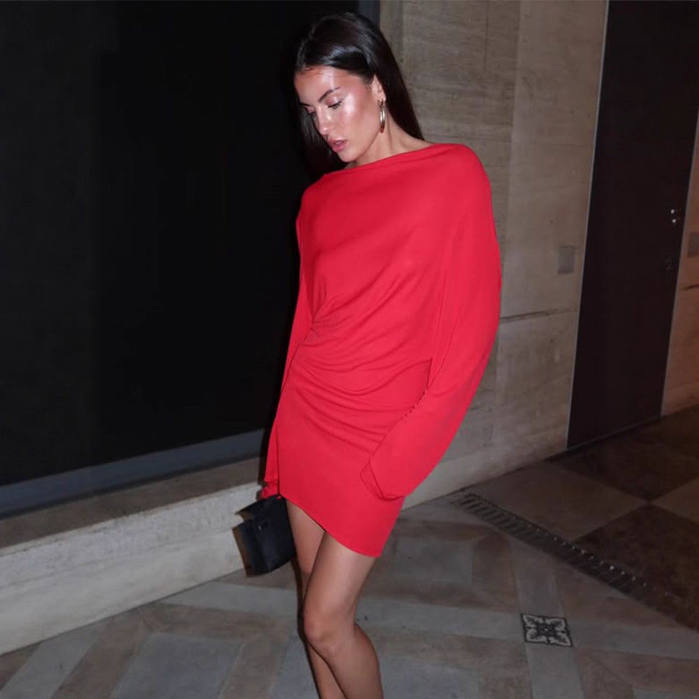 Red Backless Long-Sleeve Ruched Bodycon Mini Dress