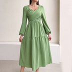 Women's Elegant Youthful Looking Dress Little Fresh V neck Green
