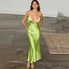 Deep V-Neck Backless Satin Bodycon Maxi Dress