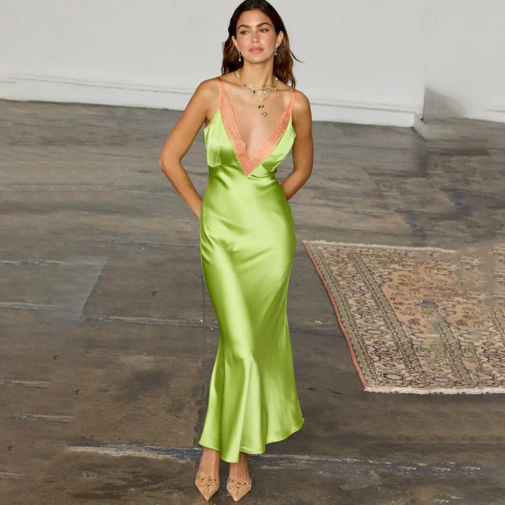 Deep V-Neck Backless Satin Bodycon Maxi Dress