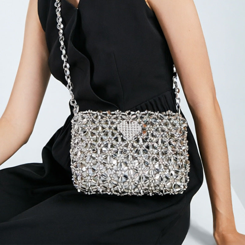 Hand Woven Silver Plated Acrylic Beads Love Shoulder Bag Dinner Bag Bag