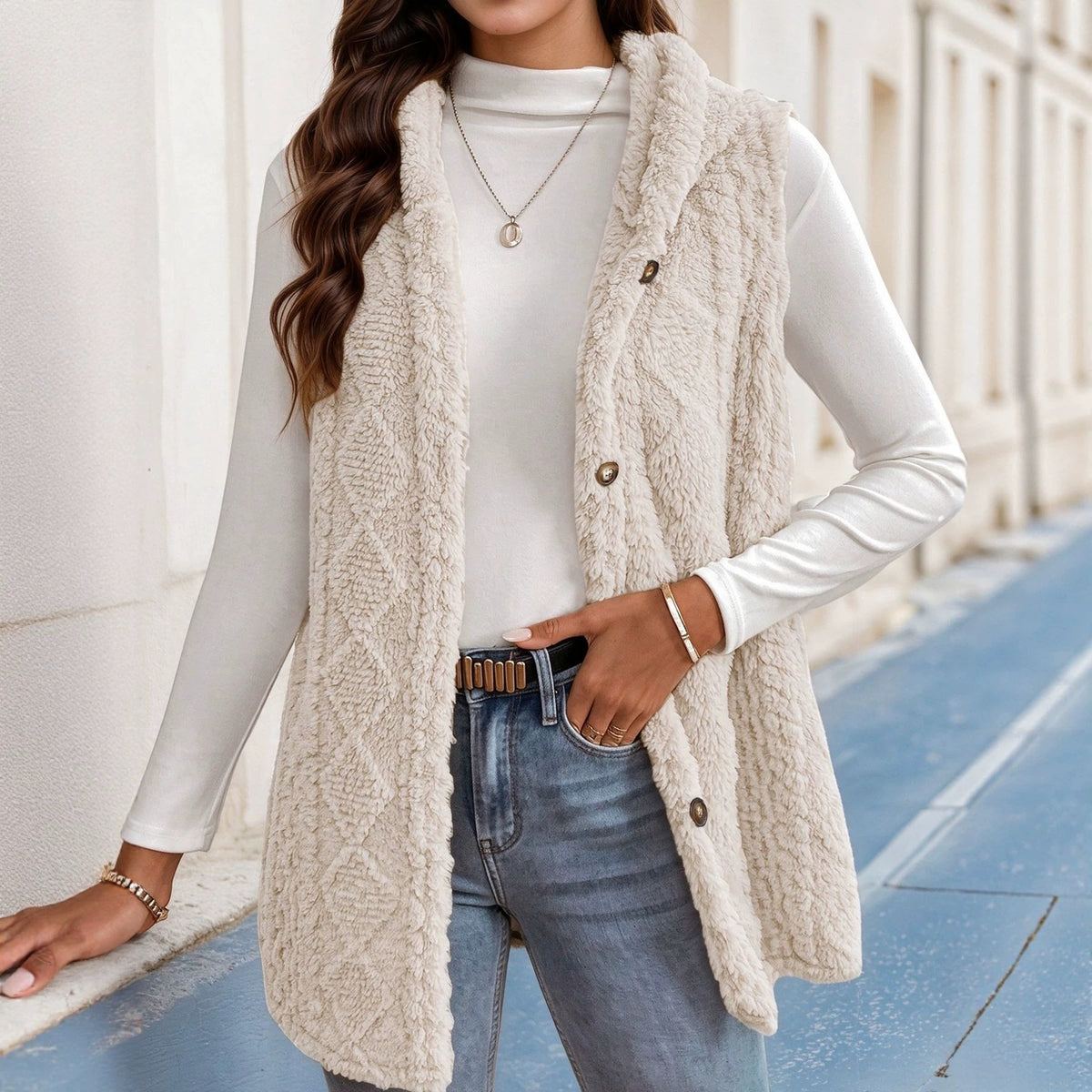 Women's Hooded Lambswool Vest With Side Slits