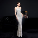 Women's Cocktail Long Halter Set Diamond Sequin Aura Queen Fishtail Dress
