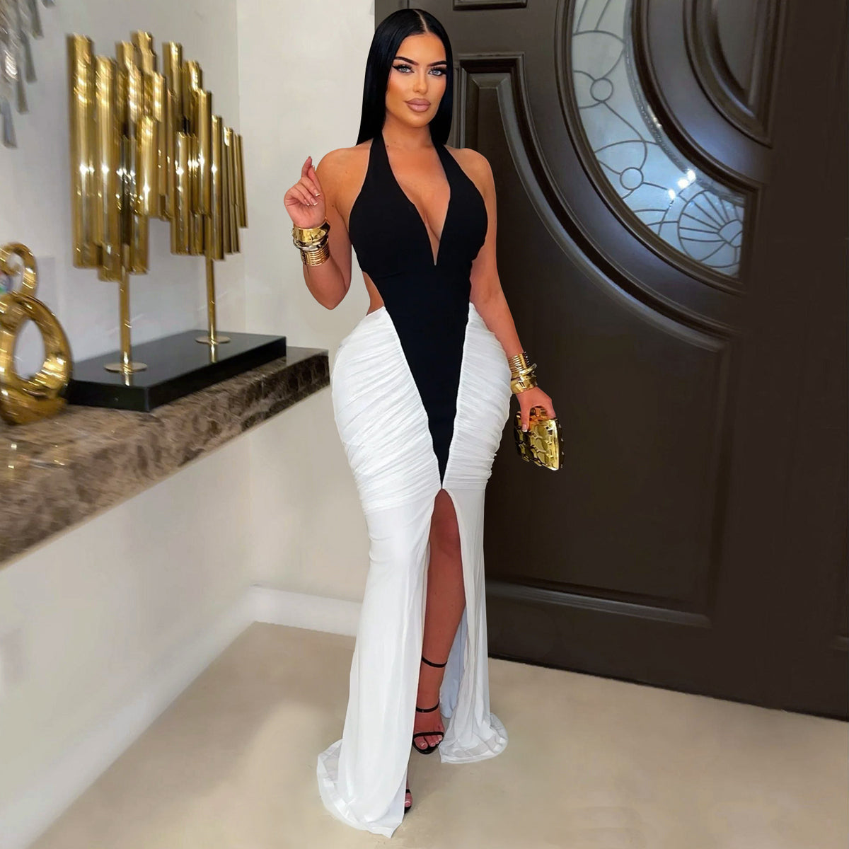 Women Wear V Neck Arm Covering Split Backless Dress