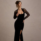 Women's Clothing Sexy Mesh Stitching Hollow Out Cutout Slim Fit Slit Long Sleeve Elegant Dress