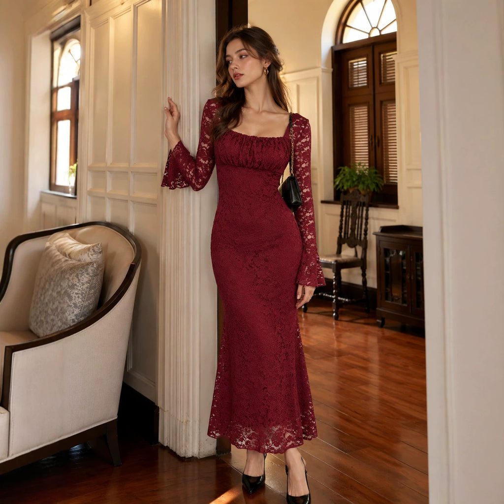 Women's Autumn Elegant Mesh Square Collar Lace Dress