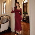 Women's Autumn Elegant Mesh Square Collar Lace Dress