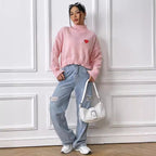 Women Short Top Clothing Turtleneck Pullover Loose Love Stickers Casual Bottoming