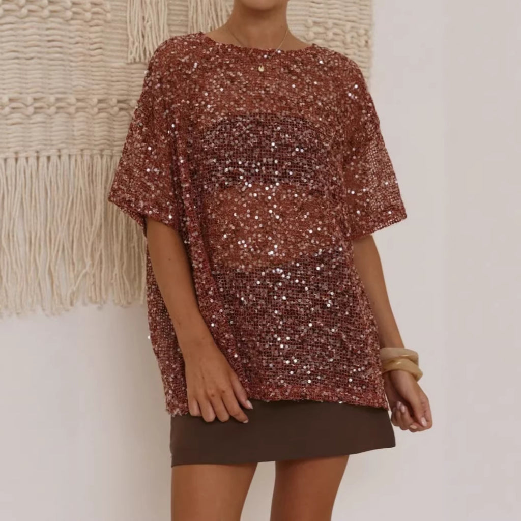 Sequined Sheer Cutout Long Sleeve Top