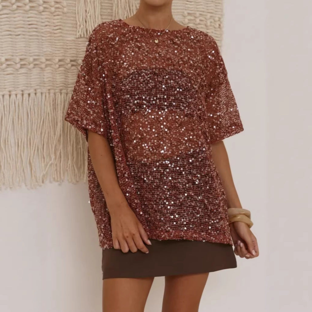 Sequined Sheer Cutout Long Sleeve Top