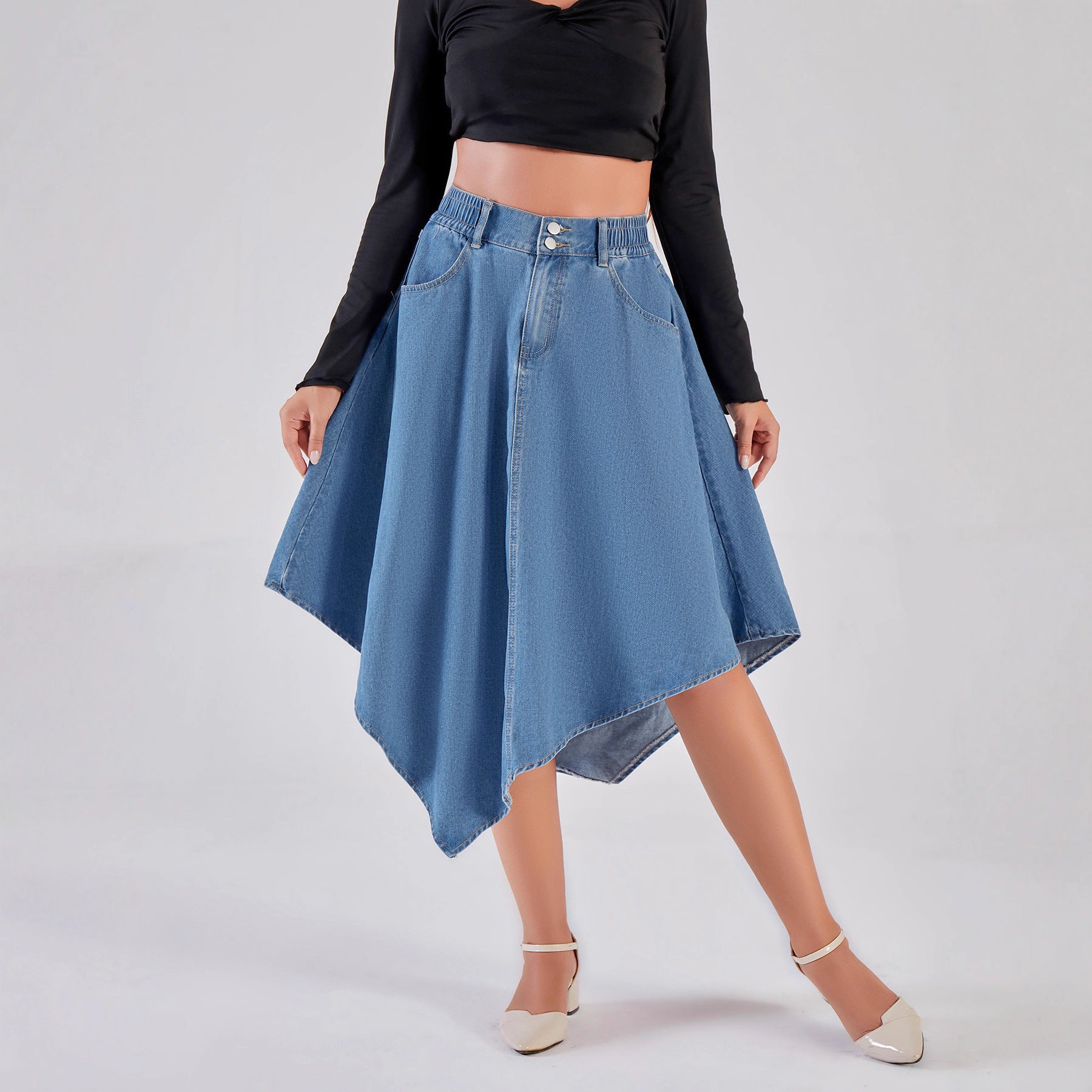 Blue Umbrella Skirt Irregular Asym Skirt Slimming Women Mid