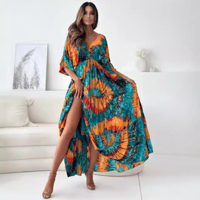 Three-Quarter-Sleeve Deep-V Multi Color Floral-Print Slit Dress