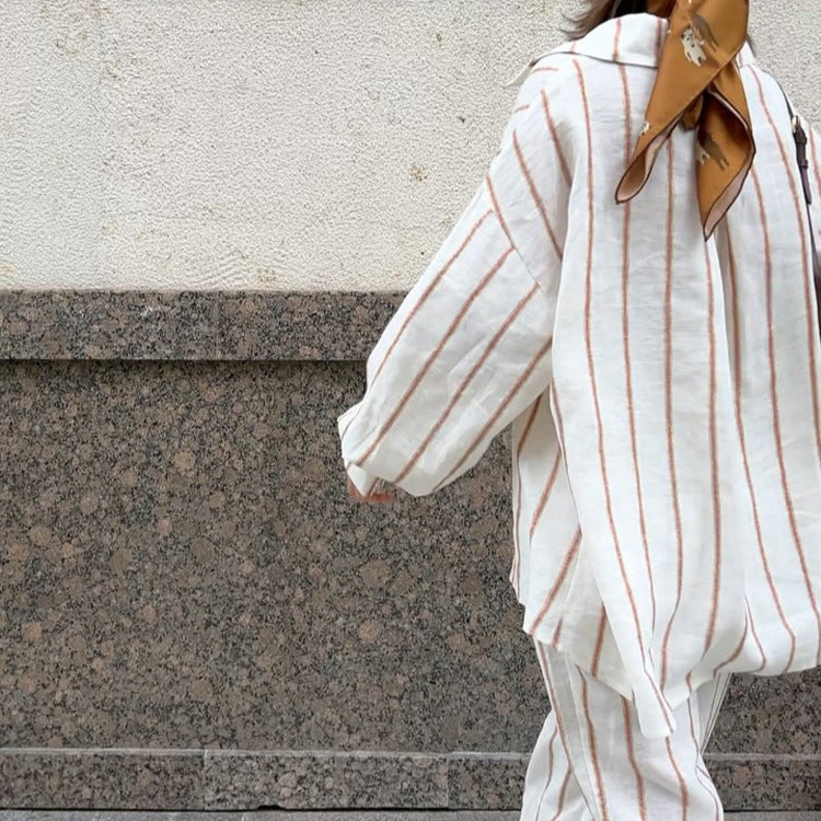 Women's Striped Polo Shirt & Wide-Leg Pants Set
