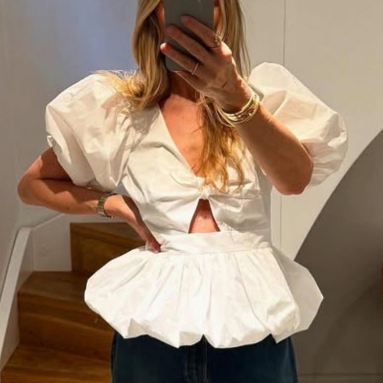 Summer Twist Hollow Out Cutout out V neck Puff Sleeve Simple French Top Women Clothing