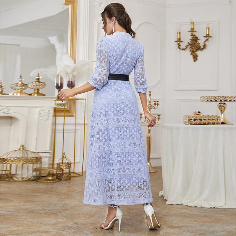 Women's Stand-Collar Mesh Belted Maxi Dress