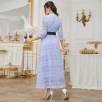 Women's Stand-Collar Mesh Belted Maxi Dress