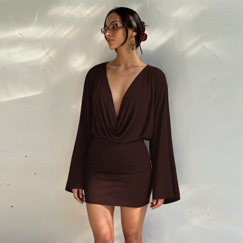 Women's Cowl Neck Long Sleeve Bodycon Mini Dress