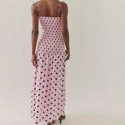 Pink Polka-Dot Lace-Up Strap Dress