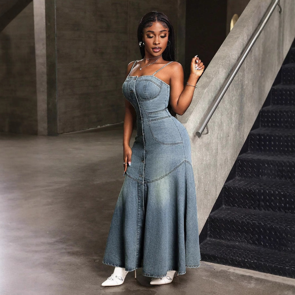 Single-Breasted Denim Slip Dress