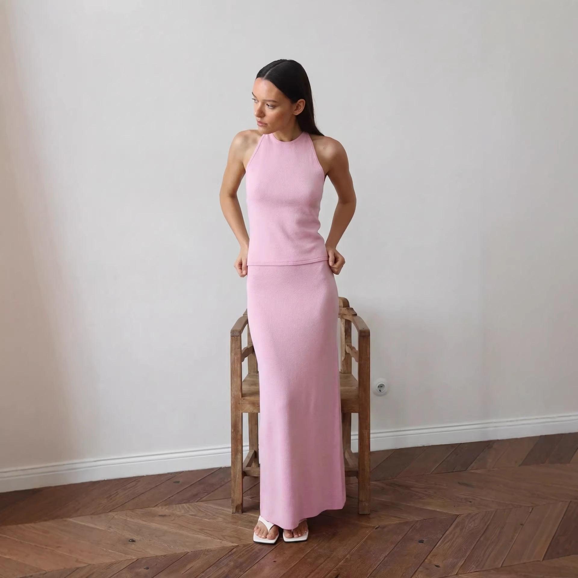 Backless Halter Vest T shirt Long Skirt Elegant Sexy All Matching Set Women Party Beach