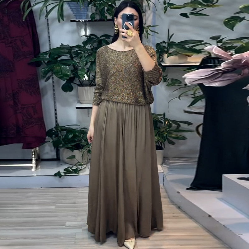 Women's Spring Golden Long Sleeve Top Skirt Two-Piece Set Skirts Set