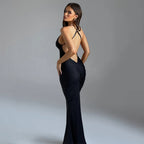 V-Neck Backless Ruched Bodycon Maxi Dress