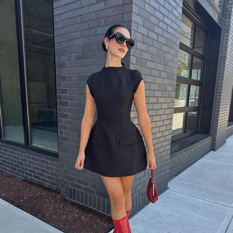 Round-Neck Slim Fitting Patchwork Short-Sleeve High-Waist Short Dress