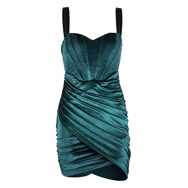 Spring Summer Velvet Pleated Strappy Hip Dress