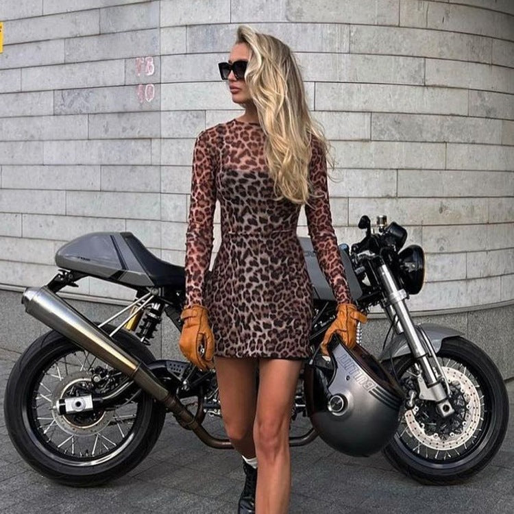's Inner Wear Suspender Leopard Print Printed Round Neck Long Sleeve Narrow Dress