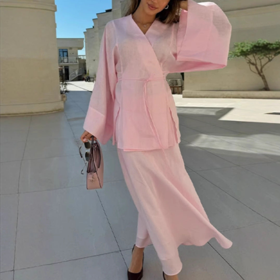 Lace-Up Long-Sleeve Skirt Two-Piece Set
