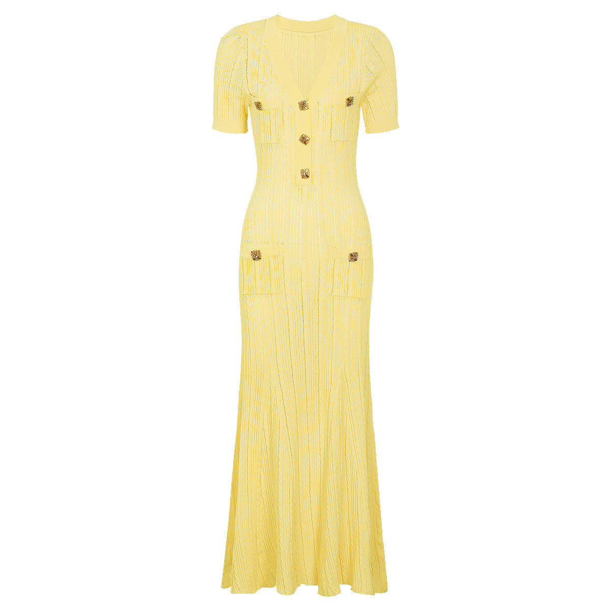 Yellow maxi short sleeve dress with ribbed texture, decorative button details and chest pockets