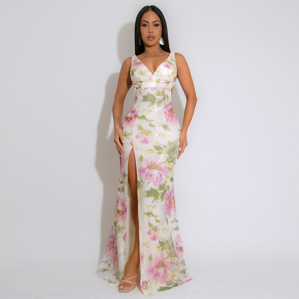 Women's V-Neck Sequin Floral High-Slit Dress